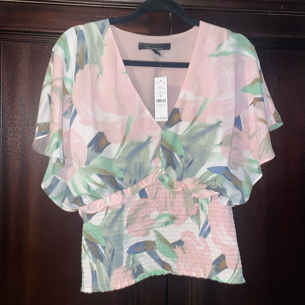 NWT pastel pink WHBM floral short sleeve blouse sz 8